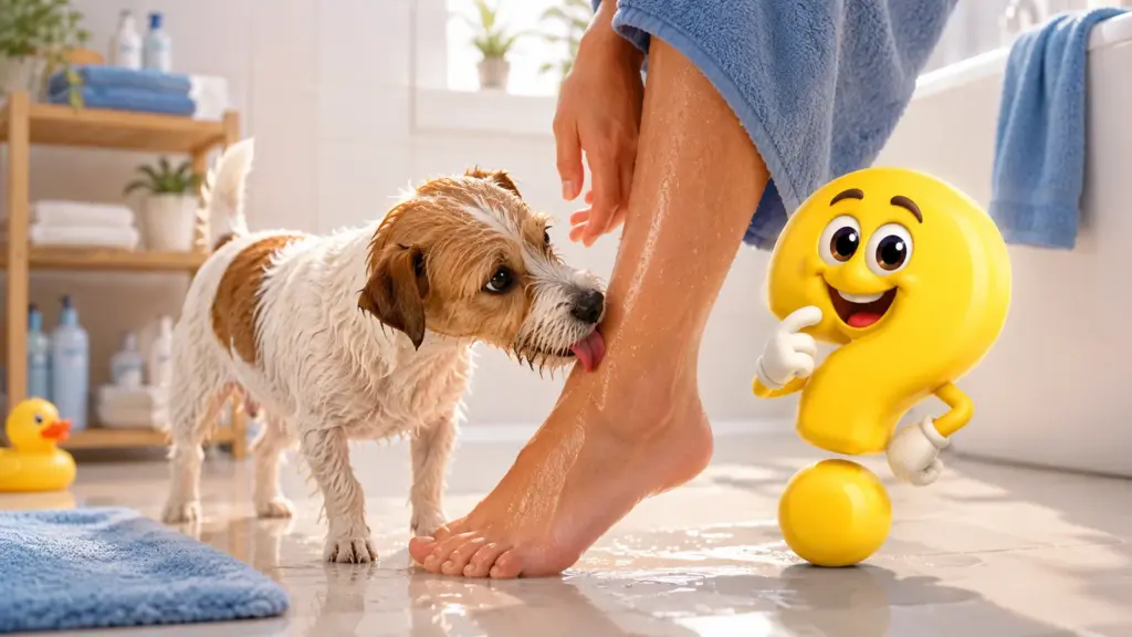 Kleiner Hund leckt im Badezimmer das nasse Bein einer Person ab, daneben steht das gelbe Fragezeichen-Maskottchen.