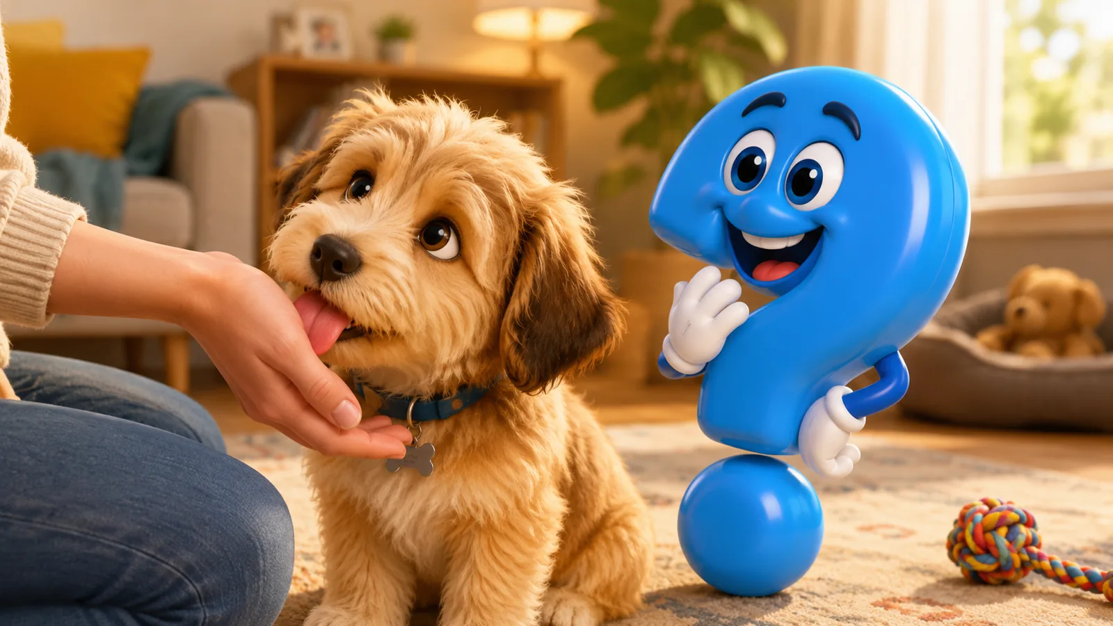 Warum leckt mein Hund mich ab? Ein kleiner Hund leckt im Wohnzimmer die Hand eines Menschen, daneben steht ein blaues Fragezeichen-Maskottchen.