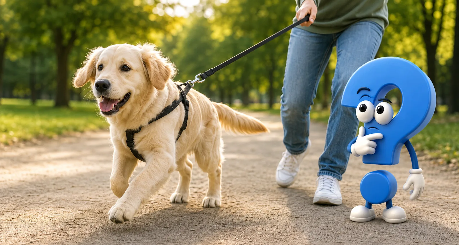 Ein Hund zieht an der Leine durch einen Park, während das blaue Fragezeichen-Maskottchen nachdenklich danebensteht.