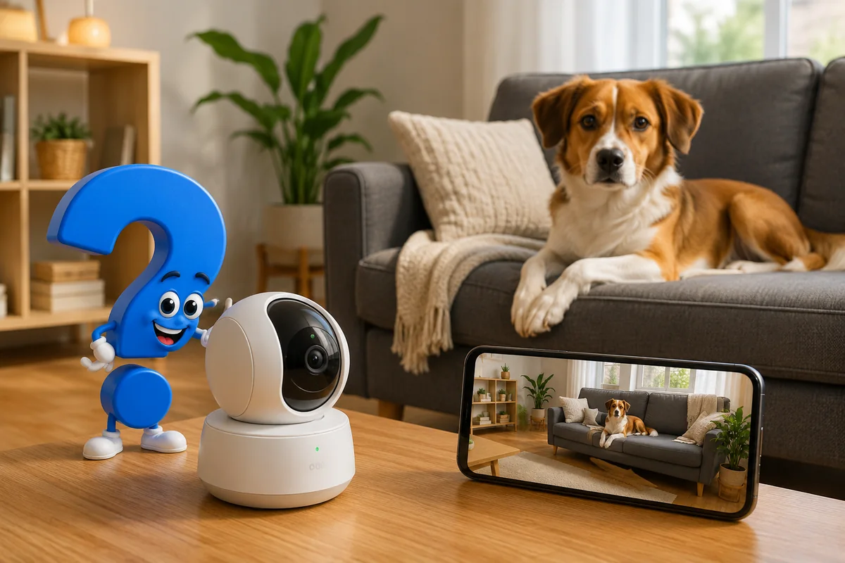 Hundekamera mit App zur Beobachtung eines Hundes im Wohnzimmer, daneben das blaue Fragezeichen-Maskottchen, das findet, dass eine Hundekamera sinnvoll ist.