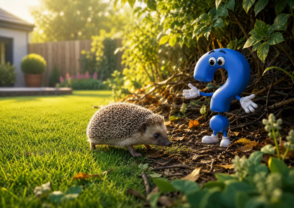 Igel im Garten neben blauem Fragezeichen-Maskottchen an naturnahem Gartenrand