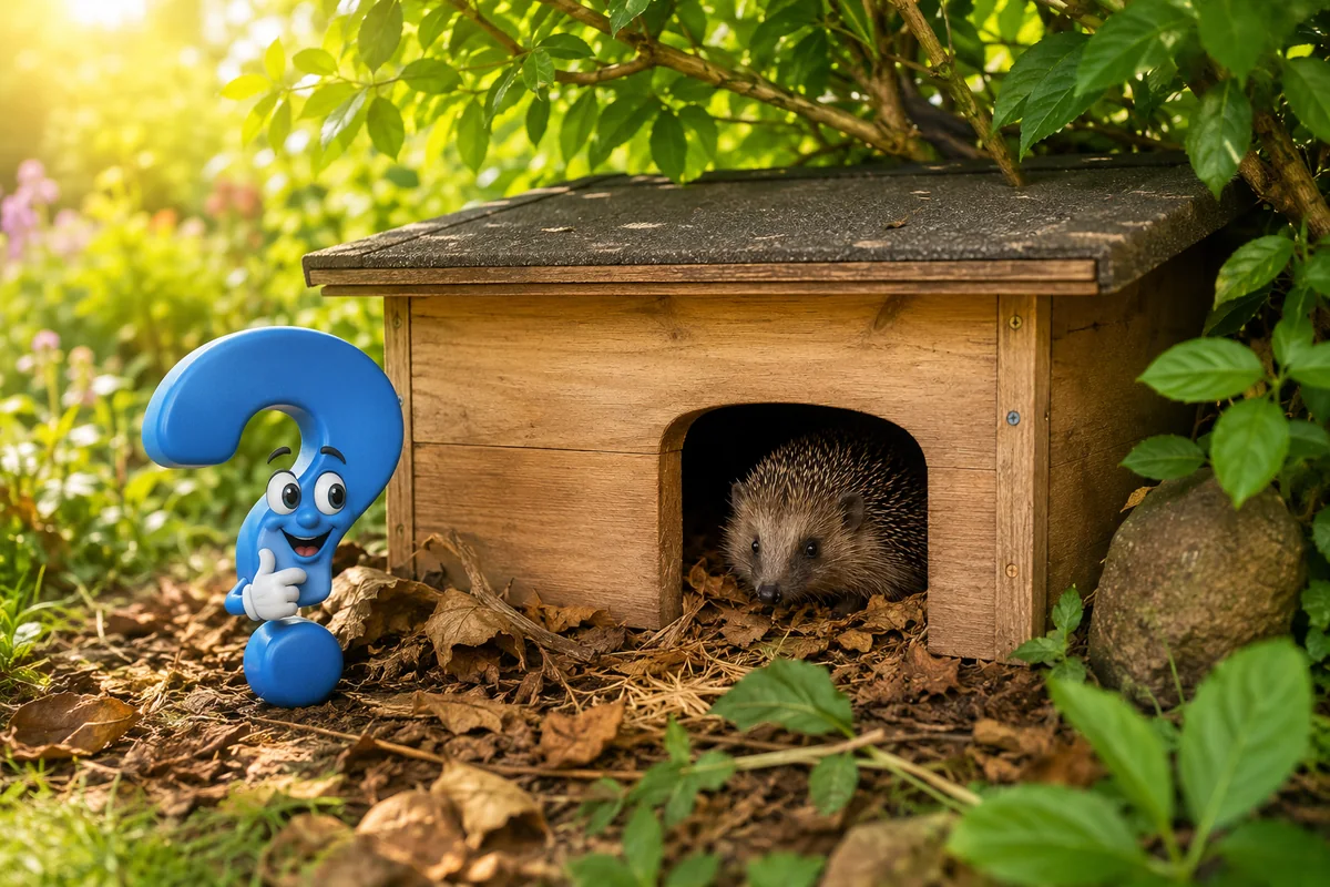 Igelhaus aufstellen: Richtig aufgestelltes Igelhaus unter einer Hecke mit Igel am Eingang und blauem Fragezeichen-Maskottchen