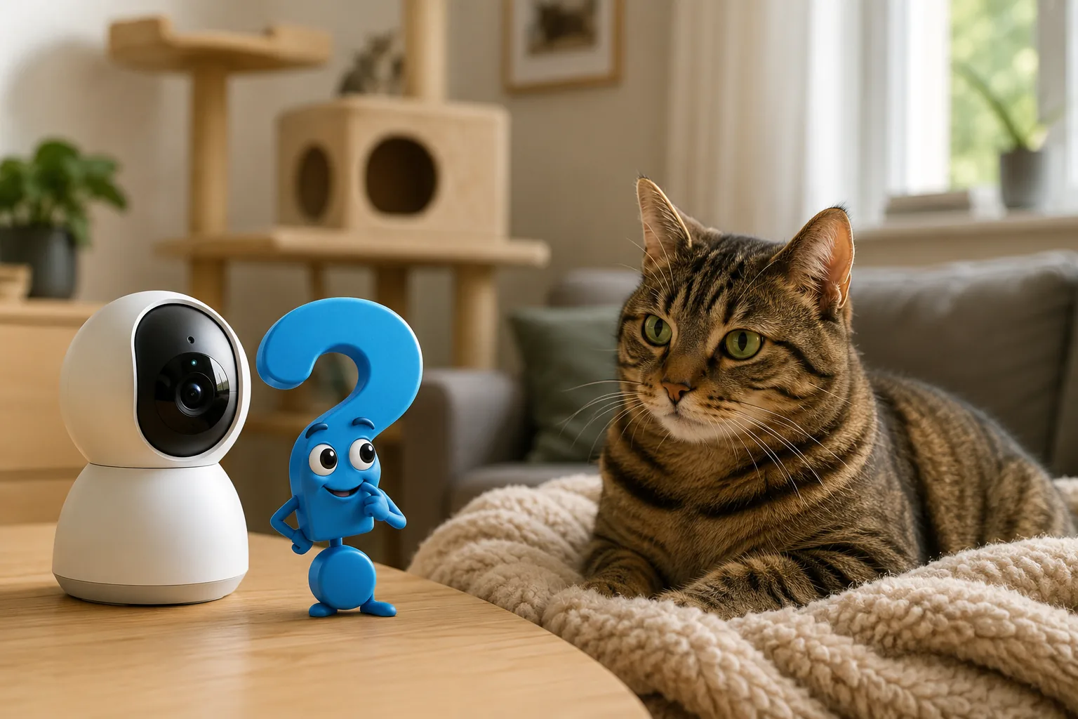 Katzenkamera für die Wohnung neben einer Katze und blauem Fragezeichen-Maskottchen