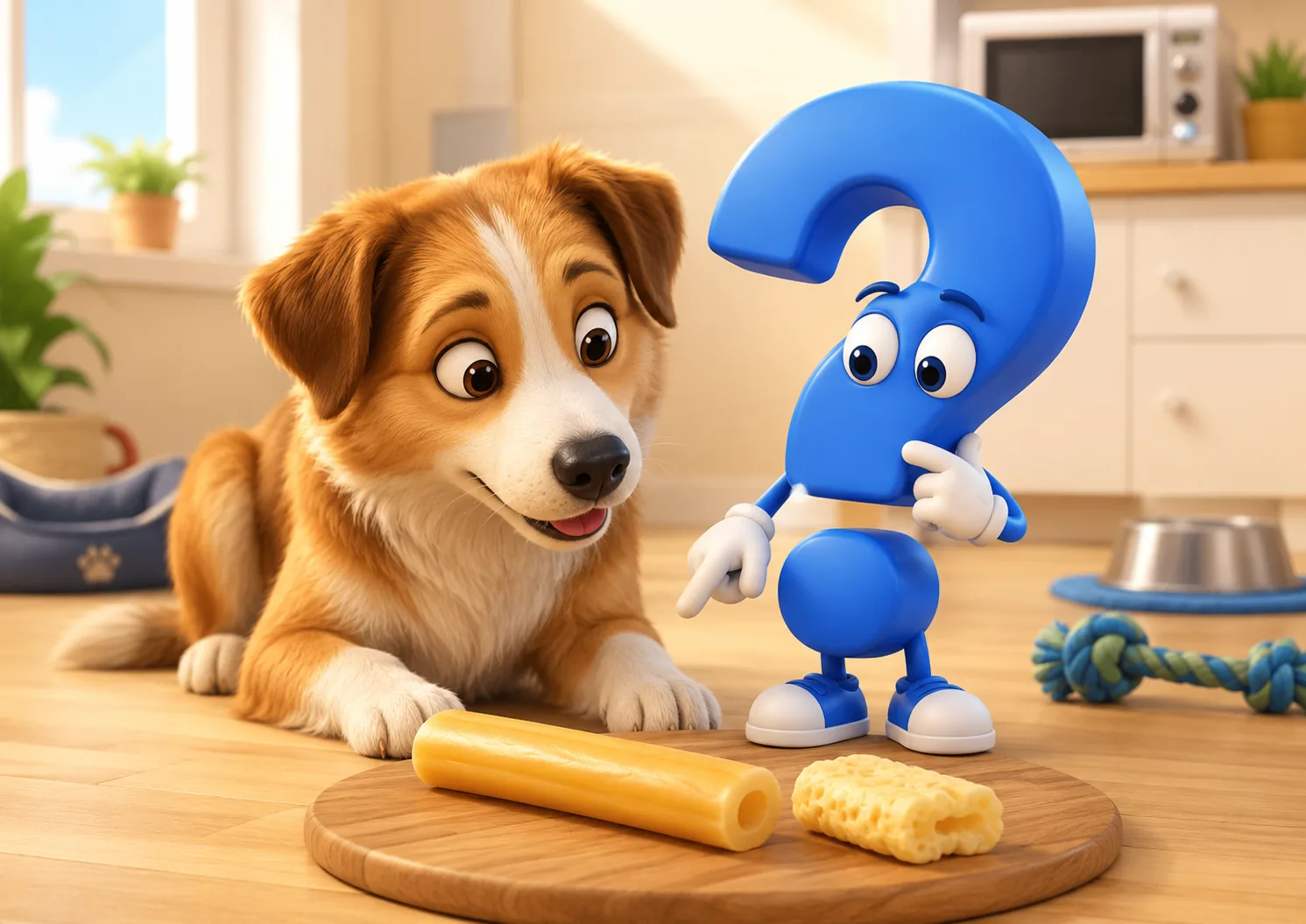 Kaukäse für Hunde: Ein Hund und das blaue Fragezeichen betrachten eine harte Käsestange und aufgepufften Kaukäse.