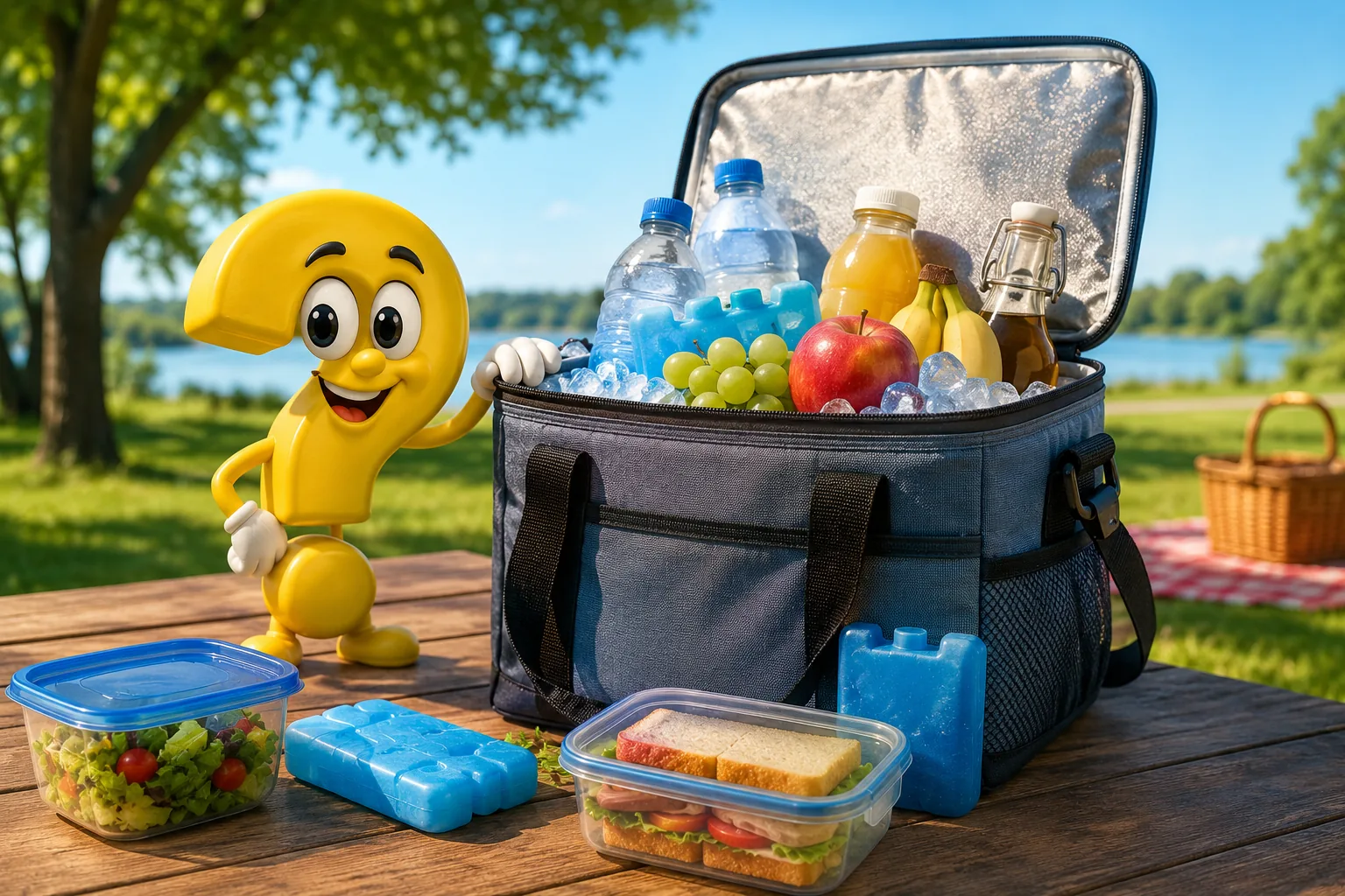 Geöffnete Kühltasche mit Kühlakkus, gekühlten Getränken, Obst und Lebensmitteln neben dem Fragezeichen-Maskottchen, das sich fragt: "Wie lange hält eine Kühltasche kalt?"