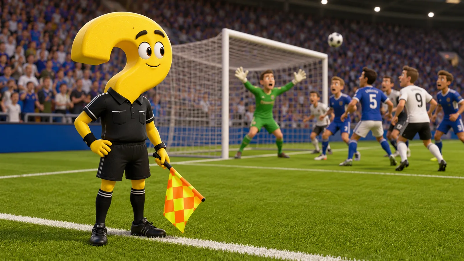 Linienrichter Fußball: Gelbes Fragezeichen-Maskottchen mit Fahne an der Seitenlinie vor einer Torszene im Stadion.