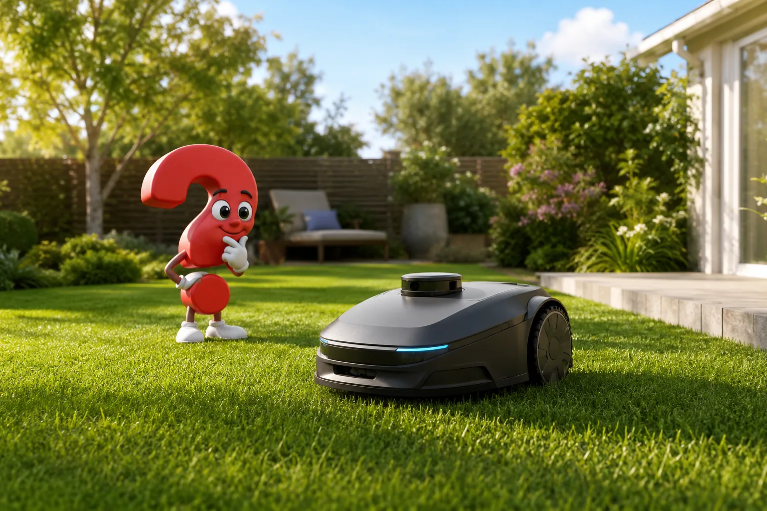 Mähroboter ohne Begrenzungskabel auf gepflegtem Rasen neben dem Fragezeichen-Maskottchen