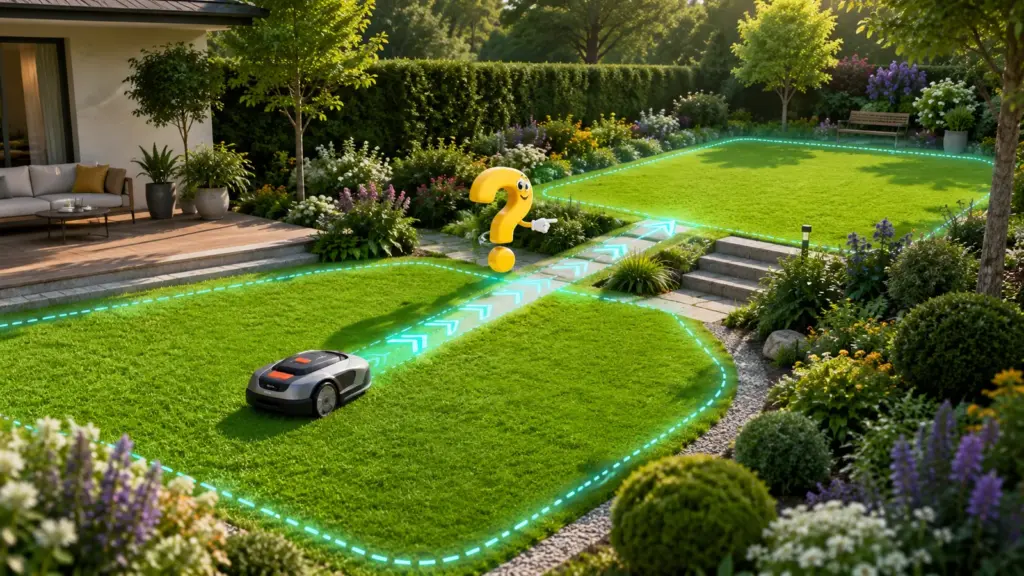 Mähroboter ohne Begrenzungskabel fährt über mehrere verbundene Rasenflächen mit virtuellen Mähzonen