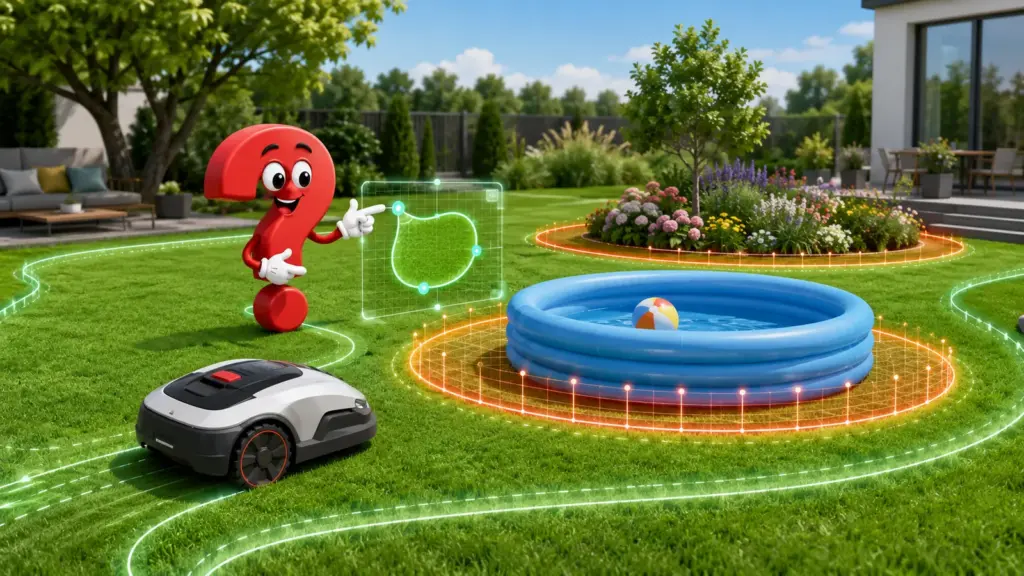 Mähroboter ohne Begrenzungskabel umfährt per digitaler Sperrzone ein Planschbecken und ein Blumenbeet