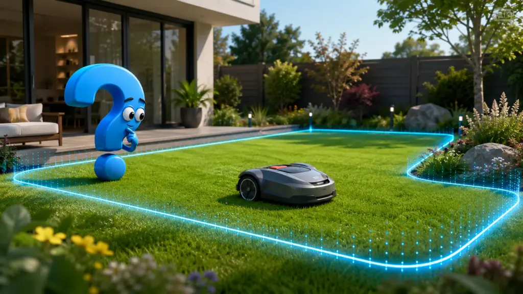 Mähroboter ohne Begrenzungskabel innerhalb einer leuchtenden virtuellen Grenze im Garten