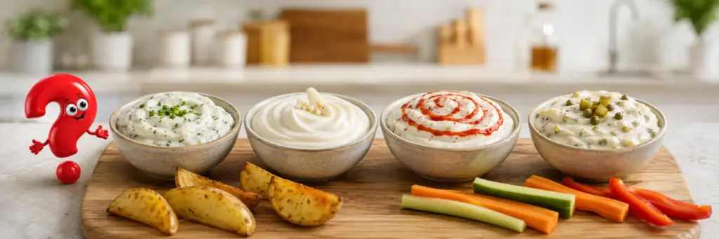 Vier Schalen mit Mayonnaise ohne Ei: Kräuter-, Knoblauch-, Chili- und Remouladen-Variante mit Kartoffelspalten und Gemüsesticks