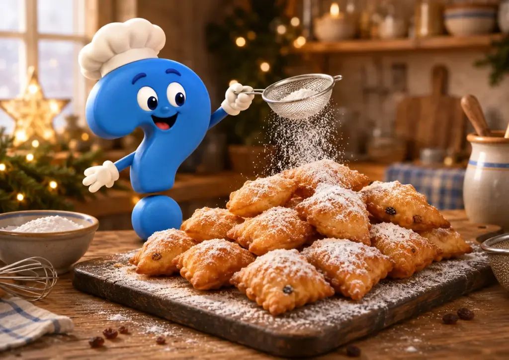 Mutzen werden in einer gemütlichen Küche von einem blauen Fragezeichen mit Puderzucker bestäubt.