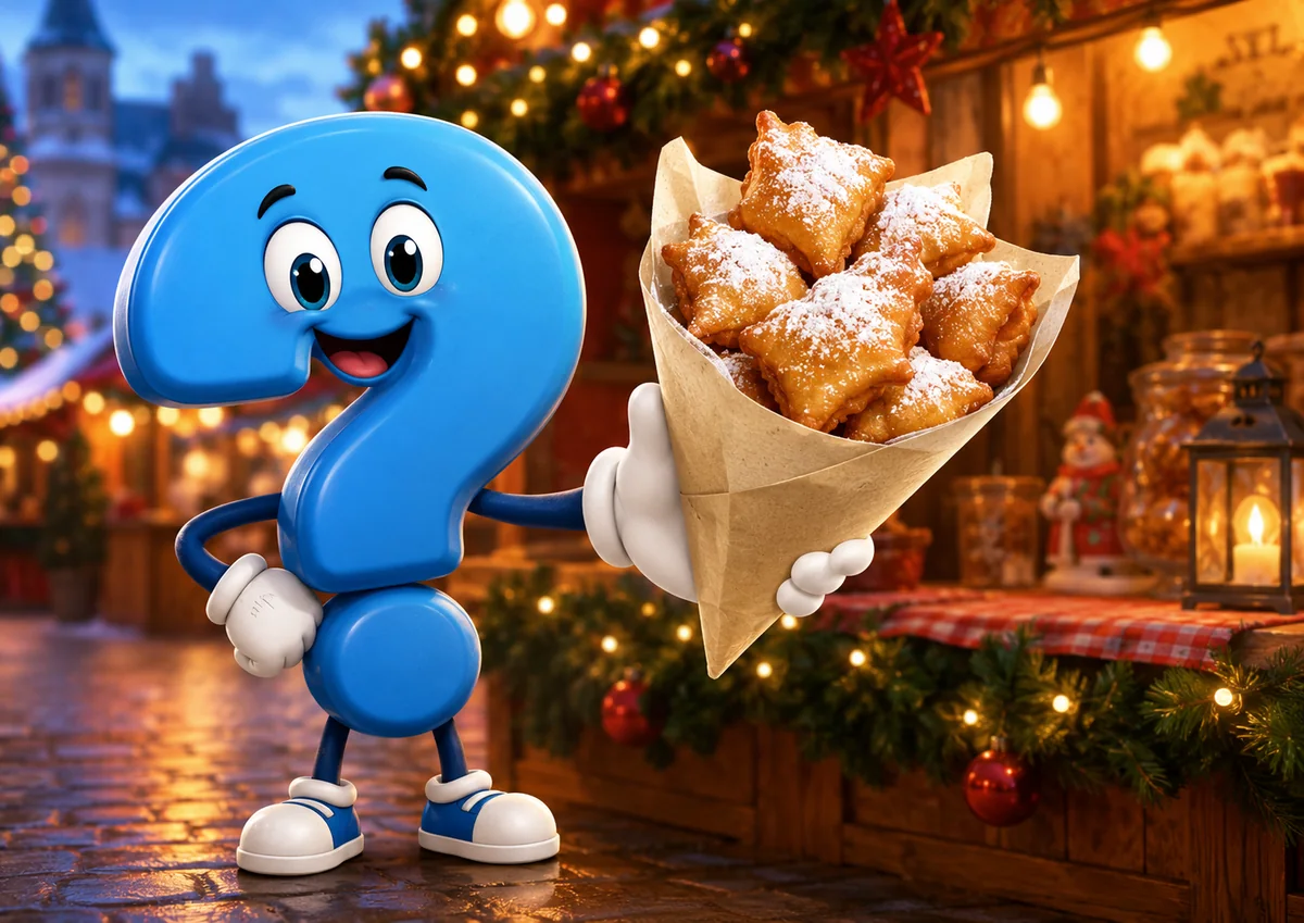 Mutzen in Papiertüte auf dem Weihnachtsmarkt mit blauem Fragezeichen-Maskottchen