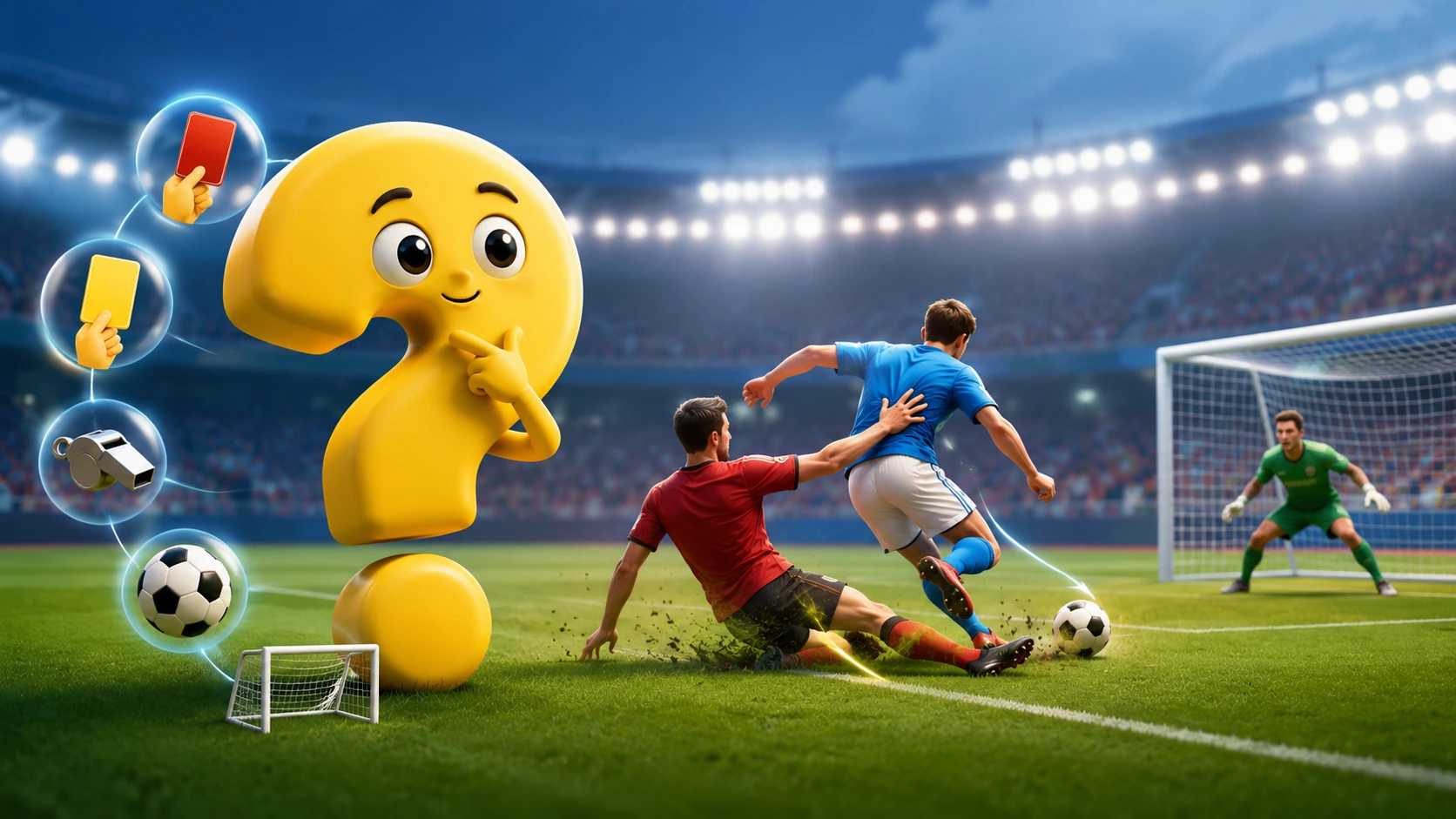 Gelbes Fragezeichen-Maskottchen erklärt eine Notbremse im Fußball mit Roter Karte, Gelber Karte, Foulspiel, Ball und Tor im Stadion.