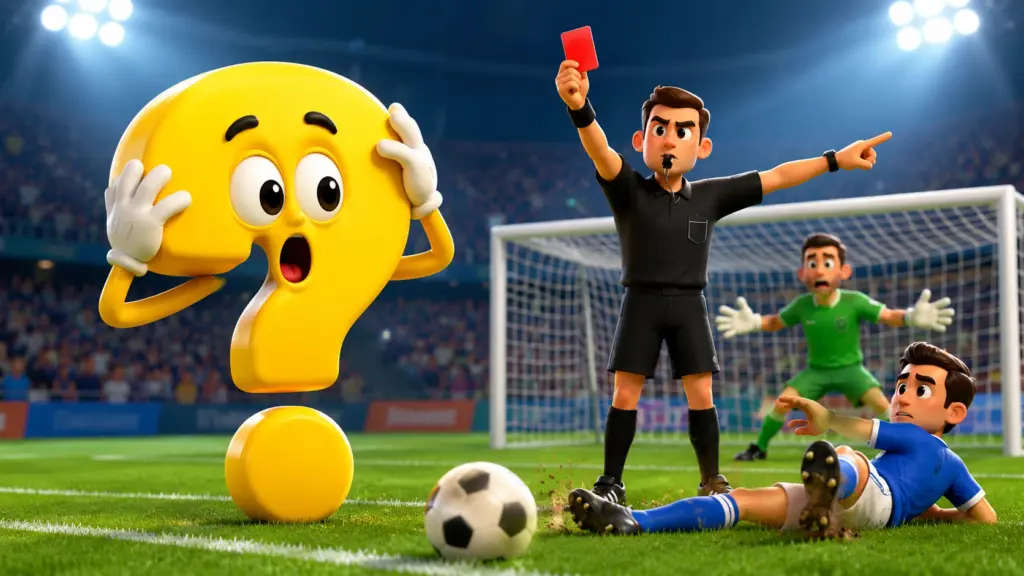 Schiedsrichter zeigt nach einer Notbremse im Fußball die Rote Karte, während ein Spieler nach dem Foul am Boden liegt und das gelbe Fragezeichen-Maskottchen erschrocken reagiert.