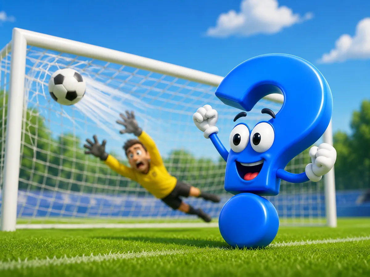 Perfekten Elfmeter schießen: Fragezeichen jubelt, als der Ball am Torwart vorbei ins Fußballtor fliegt.