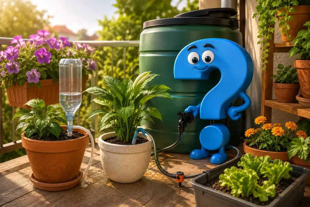 Pflanzen im Urlaub bewässern mit Wassertank, Tropfschlauch und Flaschenbewässerung auf einem bepflanzten Balkon.