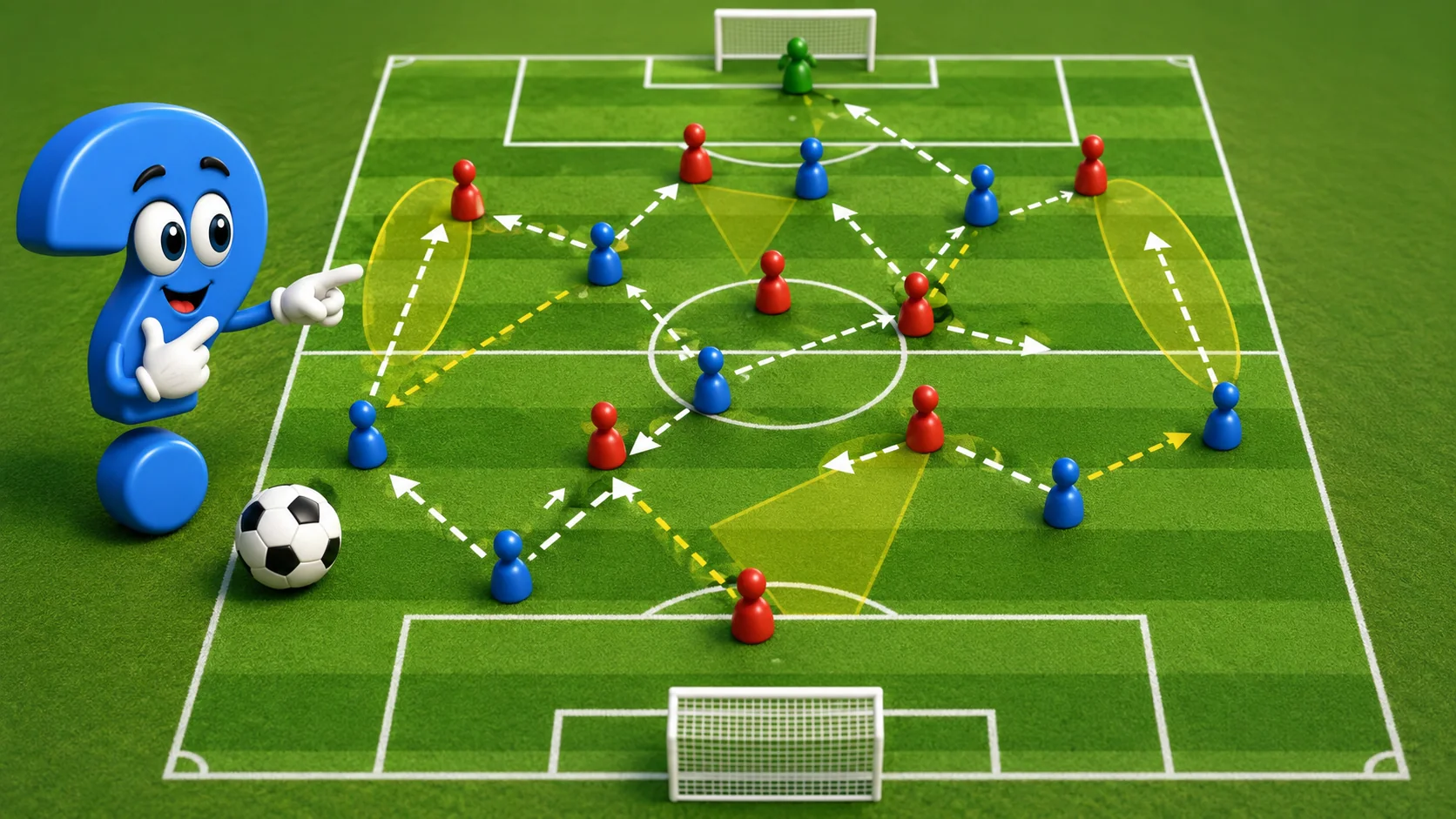 Blaues Fragezeichen-Maskottchen neben einem Fußballfeld mit taktischen Spielfiguren und Passwegen zum Positionsspiel im Fußball
