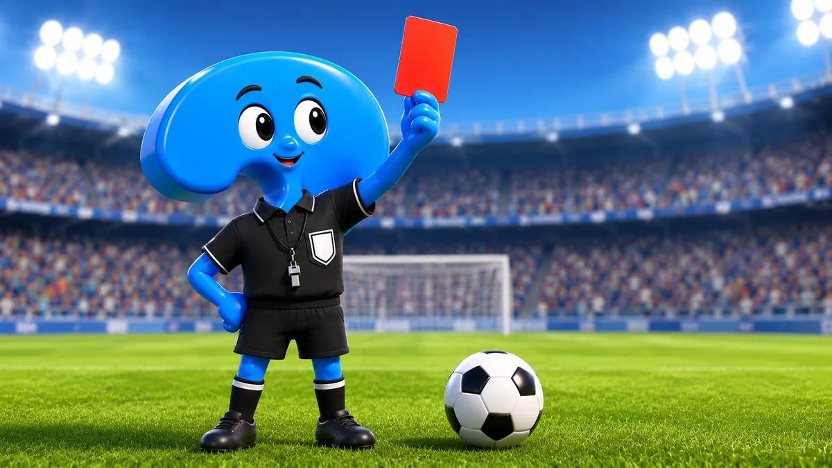 Rote Karte Fußball: blaues Fragezeichen-Maskottchen als Schiedsrichter zeigt rote Karte im Stadion