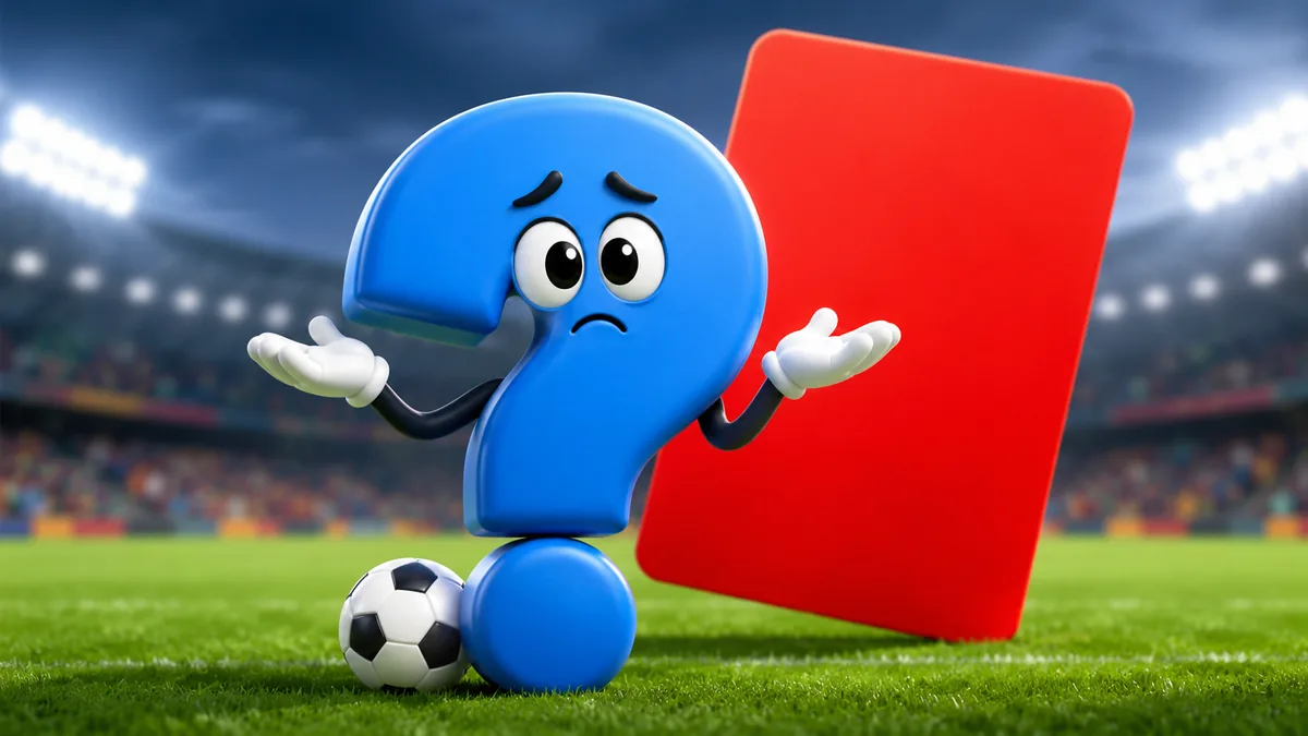 Warum wurde die rote Karte zurückgenommen? Das Fragezeichen steht auf dem Fußballplatz neben einer großen roten Karte, wundert sich und ist verwirrt.