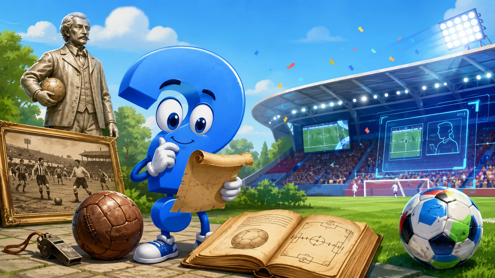 Blaues Fragezeichen-Maskottchen zeigt die Entwicklung des Fußballs von historischen Bällen und Regeln bis zur modernen VAR-Technik – passend zur Frage „Seit wann gibt es Fußball?“