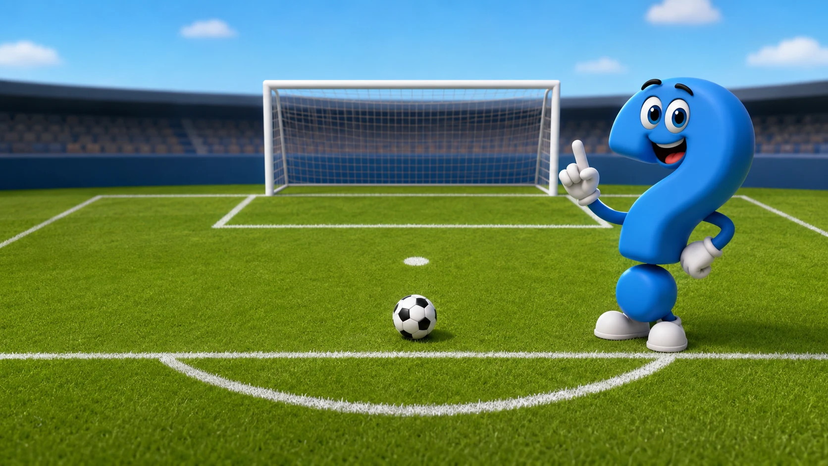 Blaues Fragezeichen-Maskottchen neben dem Strafraum im Fußball mit Tor, Elfmeterpunkt und Ball