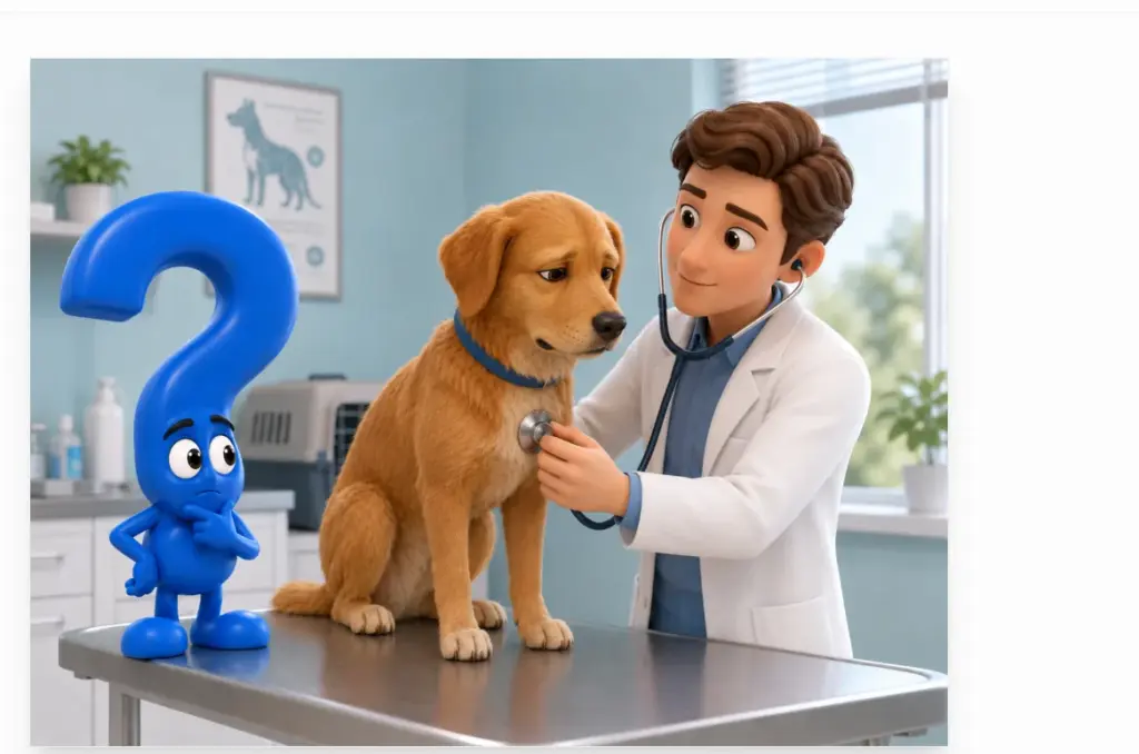 Tierarzt untersucht einen erschöpften Hund mit dem Stethoskop, während das blaue Fragezeichen-Maskottchen zusieht.