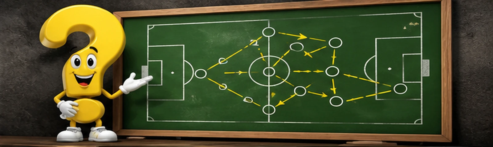 Gelbes Fragezeichen-Maskottchen vor einer Taktiktafel mit Passwegen und Spielerpositionen für Tiki-Taka Fußball