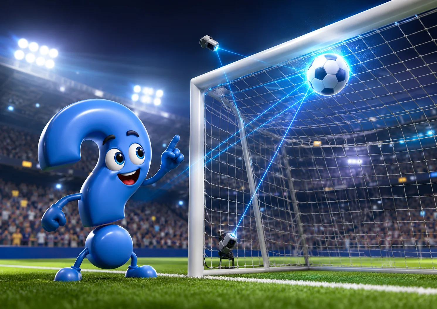 Torlinientechnik im Fußball: Blaues Fragezeichen-Maskottchen zeigt auf Kameras, die einen Ball im Tor erfassen.