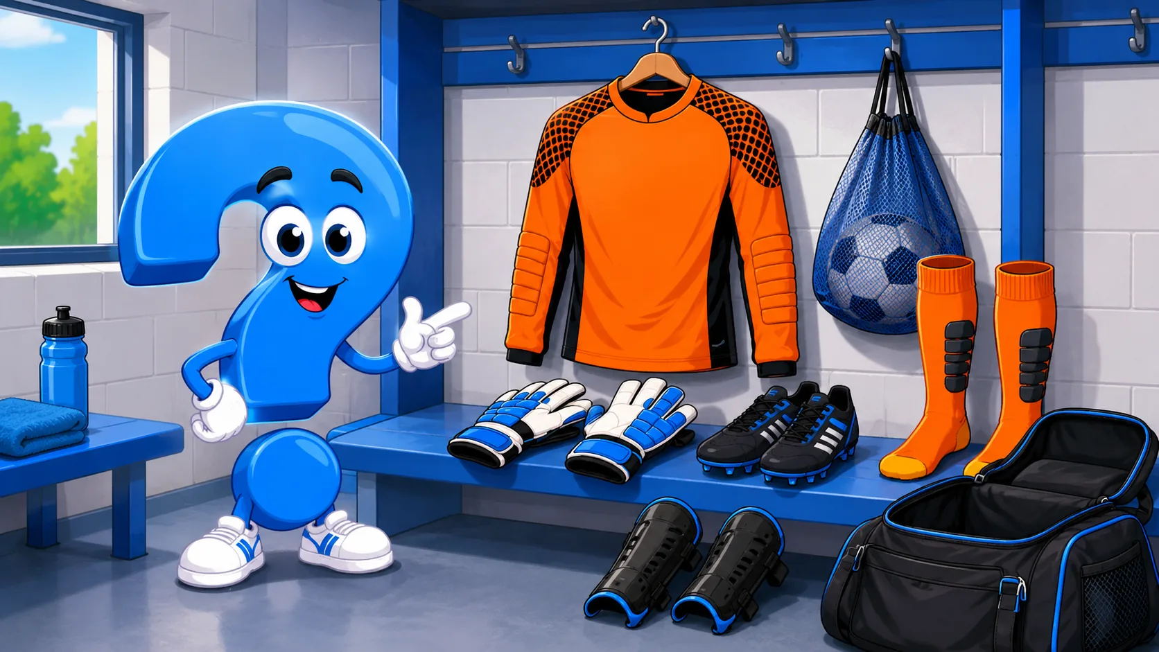 Was trägt ein Torwart im Fußball? Blaues Question-King-Fragezeichen neben Trikot, Handschuhen, Schuhen und Schienbeinschonern
