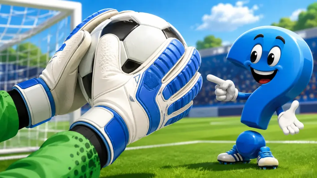 Torwarthandschuhe fangen einen Fußball, während das blaue Question-King-Fragezeichen auf die Handschuhe zeigt