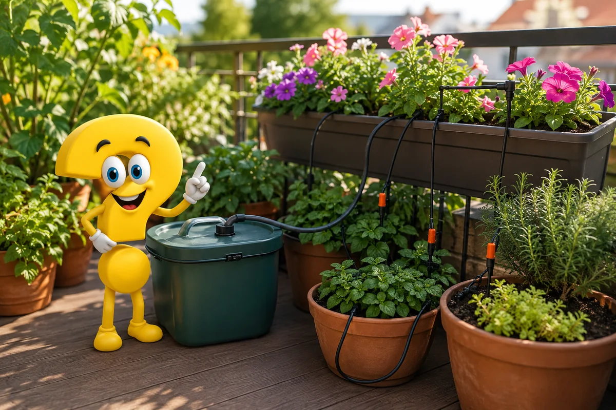 Pflanzen bewässern im Urlaub: Gelbes Fragezeichen-Maskottchen neben einem Vorratstank mit Tropfbewässerung für Balkon- und Kübelpflanzen im Urlaub.