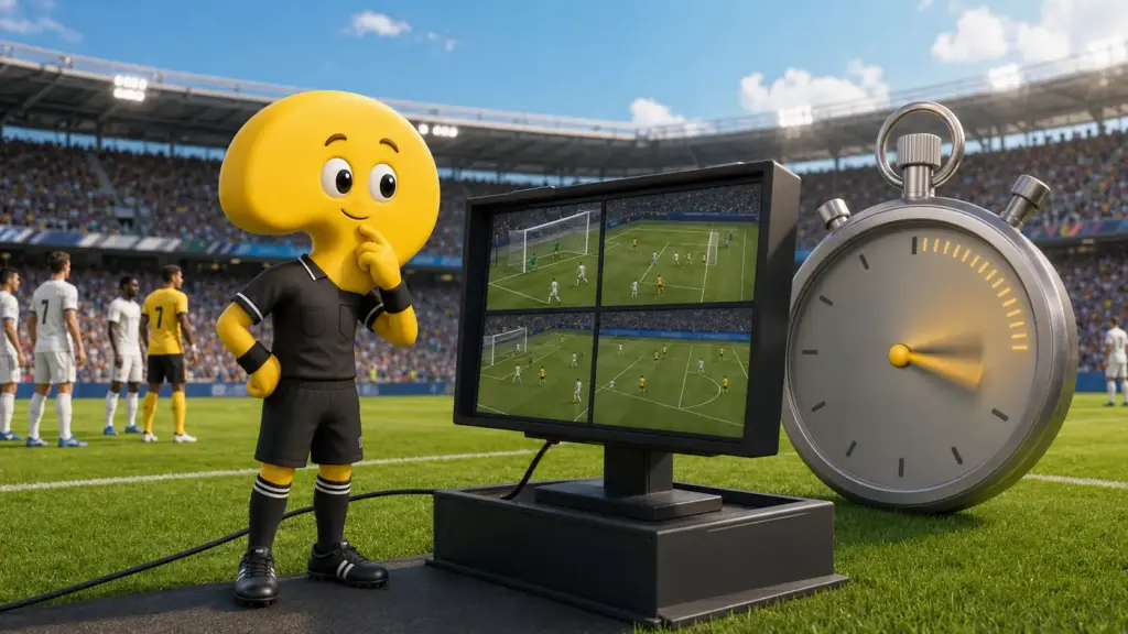 Gelbes Fragezeichen-Maskottchen wartet neben einem VAR-Monitor und einer großen Stoppuhr auf das Ergebnis eines Video-Checks.