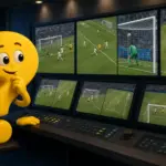 Gelbes Fragezeichen-Maskottchen in einem VAR-Kontrollraum mit mehreren Bildschirmen, die eine Fußballszene aus verschiedenen Perspektiven zeigen.