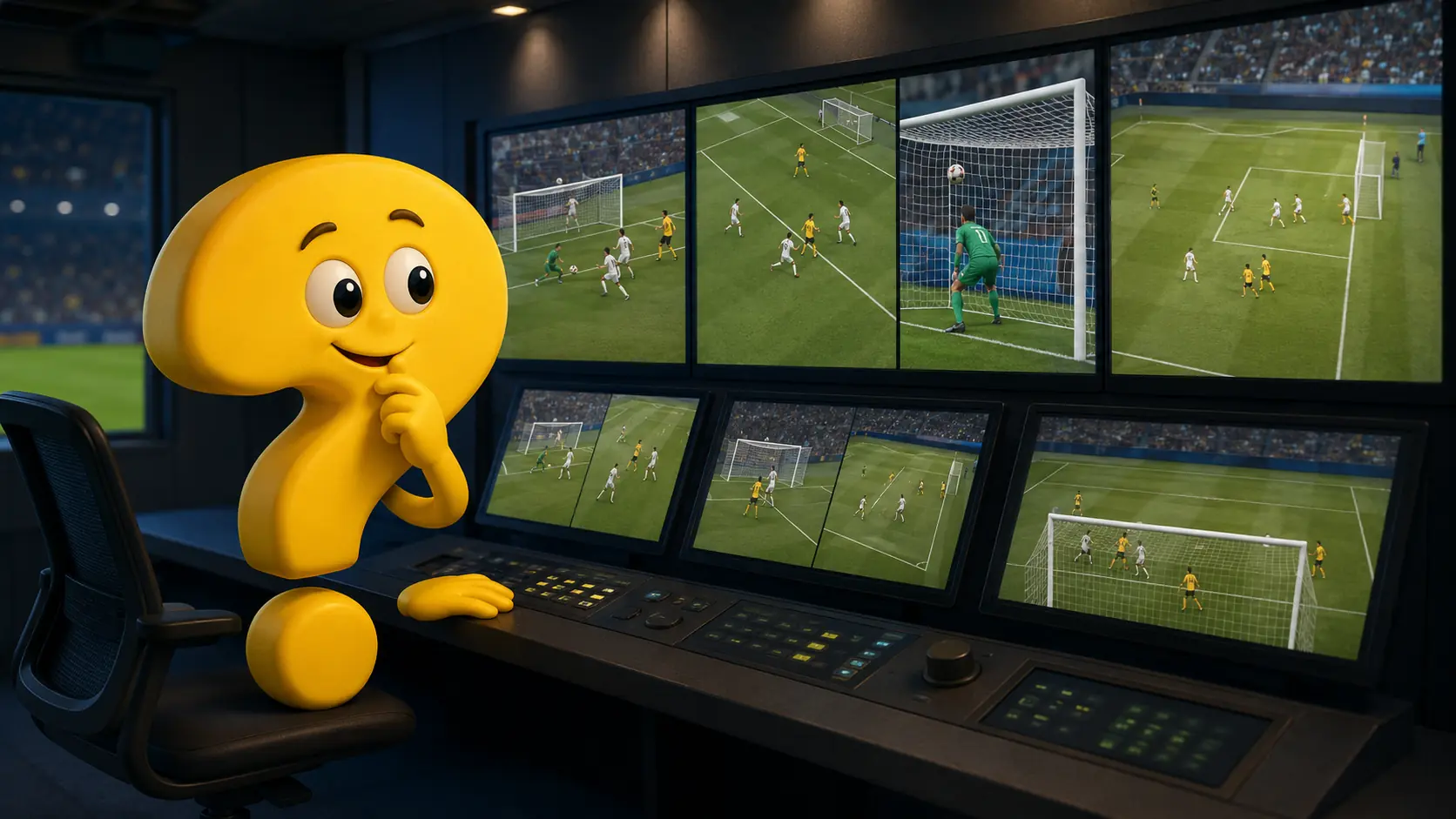 Gelbes Fragezeichen-Maskottchen in einem VAR-Kontrollraum mit mehreren Bildschirmen, die eine Fußballszene aus verschiedenen Perspektiven zeigen.