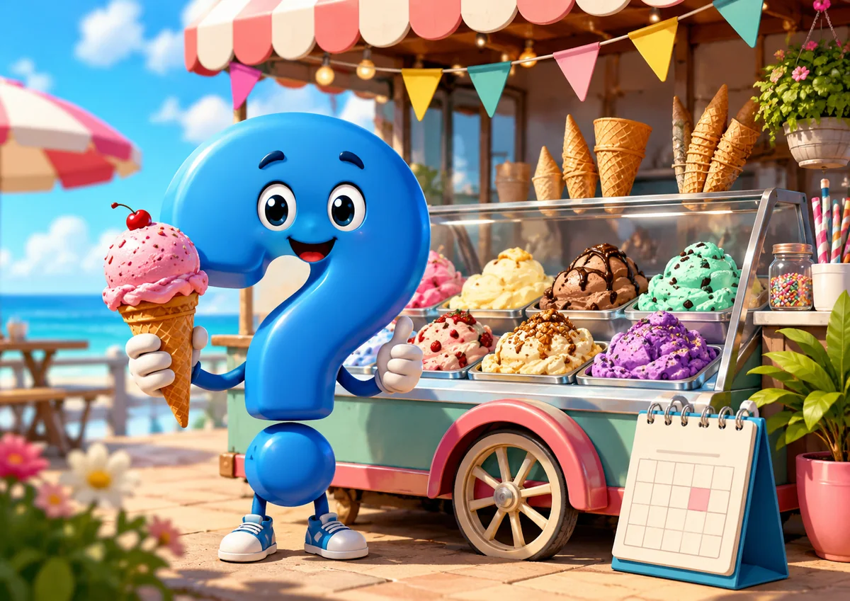 Fragezeichen-Maskottchen hält ein Eis vor einem bunten Eisstand mit Kalender zum Welt-Eiscreme-Tag