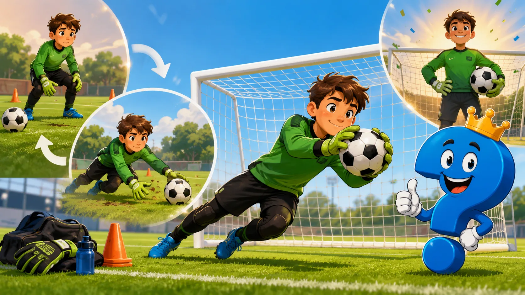 Wie wird man Torwart im Fußball? Ein junger Torwart übt das Fangen und entwickelt sich Schritt für Schritt weiter
