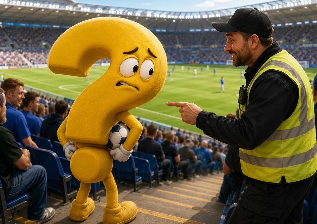WM-Ball behalten: Gelbes Fragezeichen-Maskottchen wird im Fußballstadion von einem Ordner zur Rückgabe des Balls aufgefordert.