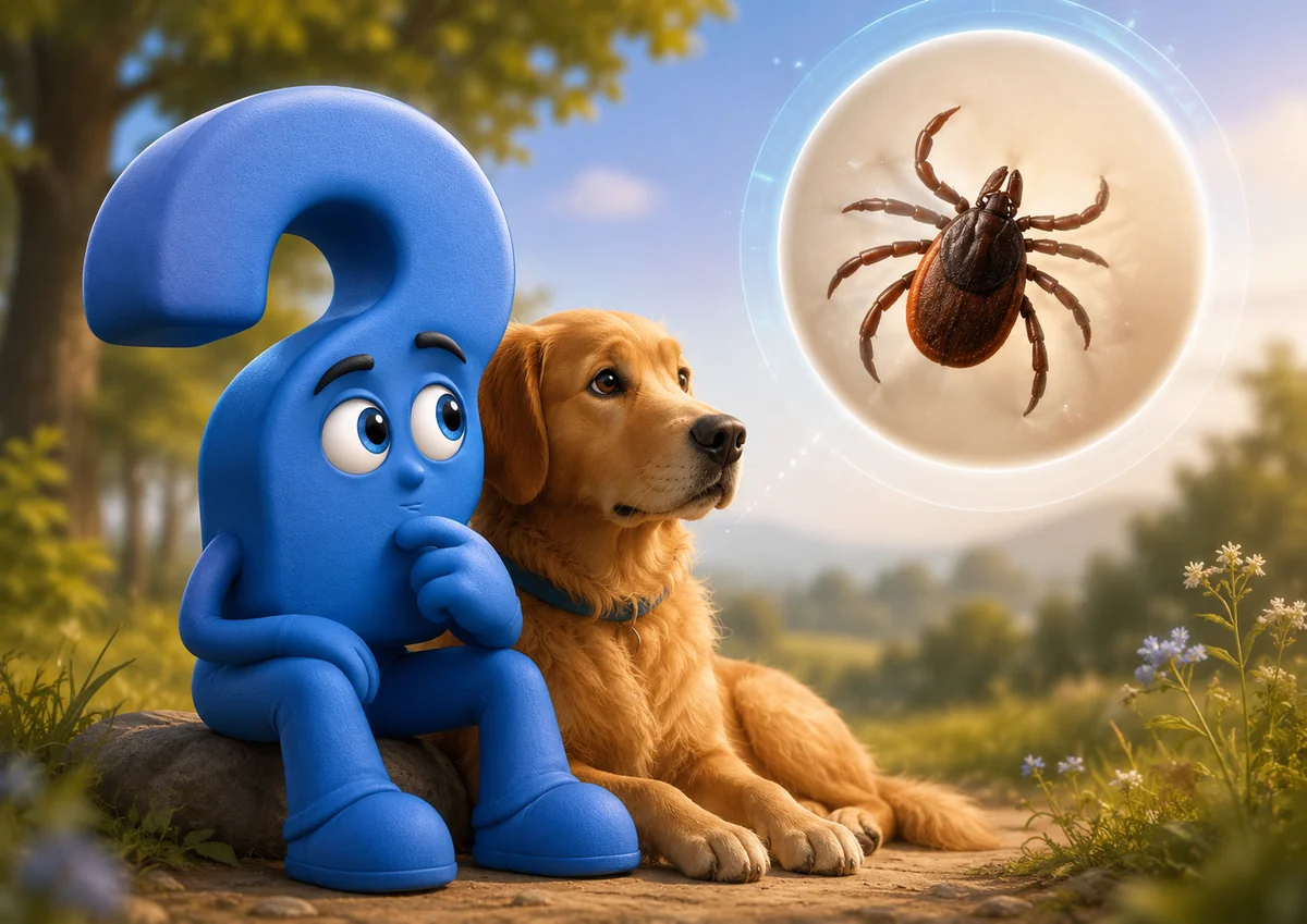 Zecken beim Hund: Blaues Fragezeichen-Maskottchen und Hund betrachten eine vergrößerte Zecke in der Natur.