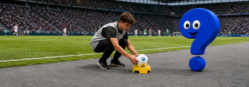 Ballholer legt einen Fußball auf eine gelbe Ballstation außerhalb des Spielfelds, begleitet vom Question-King-Fragezeichen.