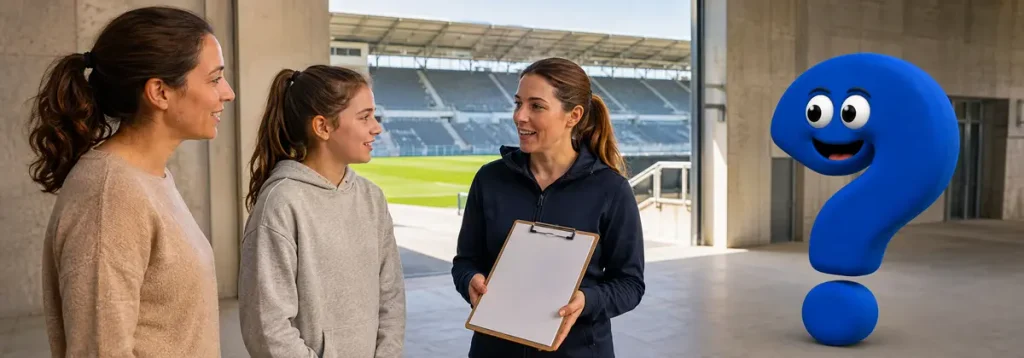 Ein Mädchen und seine Begleitperson sprechen im Stadion mit einer Vereinsmitarbeiterin über einen Ballkinder-Einsatz.