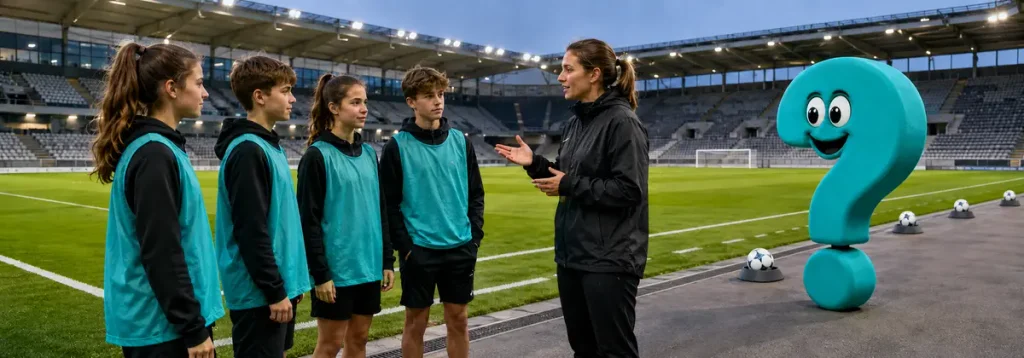 Vier Ballkinder erhalten vor einem Fußballspiel eine Einweisung am Spielfeldrand