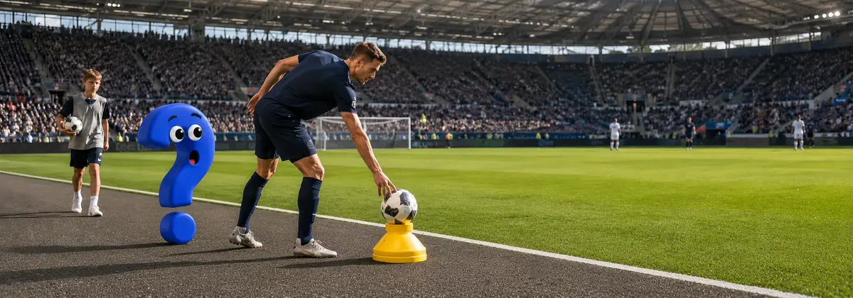 Fußballspieler nimmt neben der Seitenlinie einen durch die Ballkinder bereitgelegten Ersatzball von einer gelben Ballstation, während ein Ballholer und das Question-King-Fragezeichen zusehen.