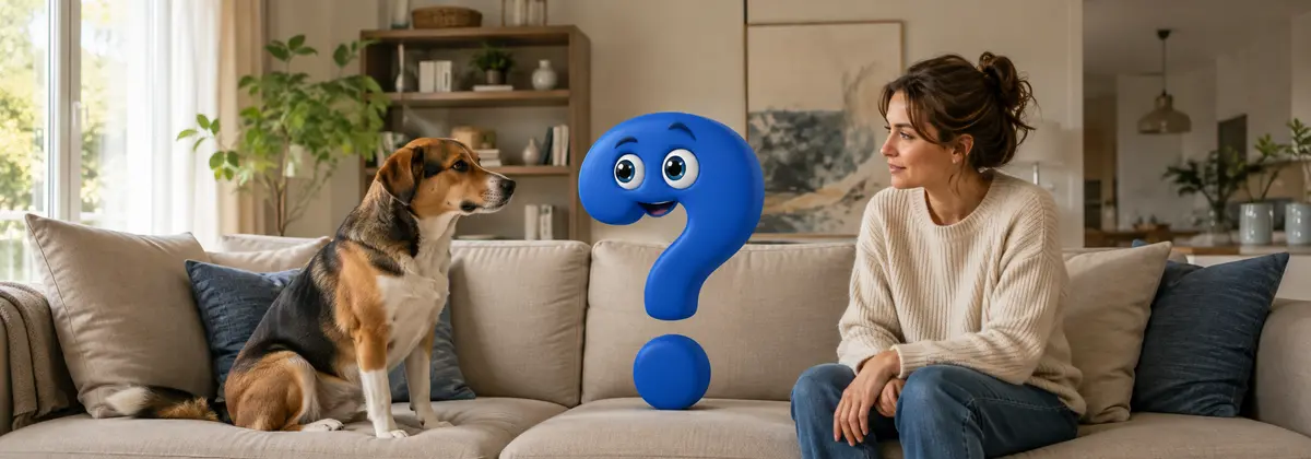 Dominanzverhalten beim Hund – Halterin und Hund sitzen neben einem blauen Fragezeichen auf dem Sofa