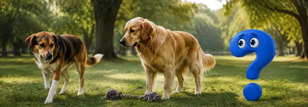 Dominanzverhalten Hund gegenüber anderen Hunden – zwei Hunde an einem Spielzeug neben einem blauen Fragezeichen