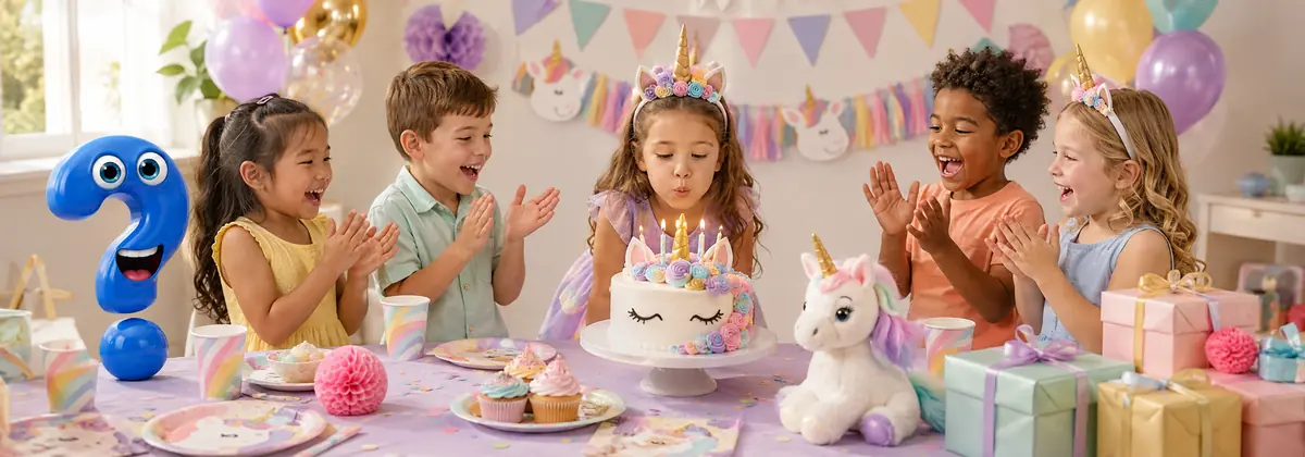 Kinder feiern einen Einhorn-Geburtstag und jubeln, während das Geburtstagskind die Kerzen auf einer Einhorn-Torte auspustet.