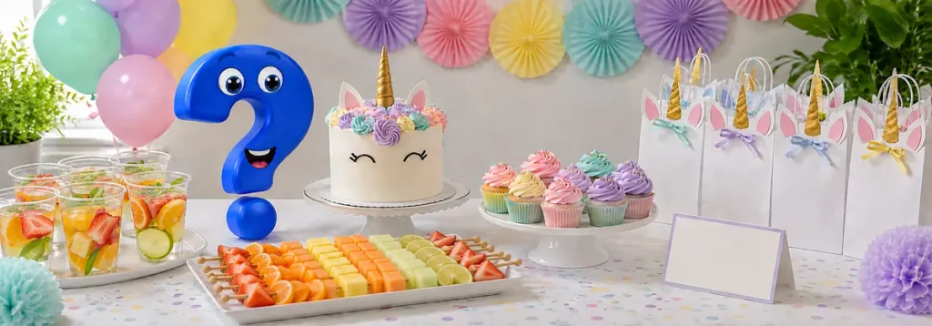 Einhorn-Essen mit Torte, Obst, Cupcakes, Mitgebseln und Question-King-Fragezeichen