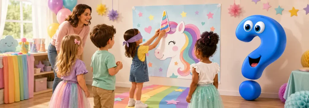 Kinder spielen beim Einhorn-Geburtstag das Spiel Horn ans Einhorn mit Question-King-Fragezeichen