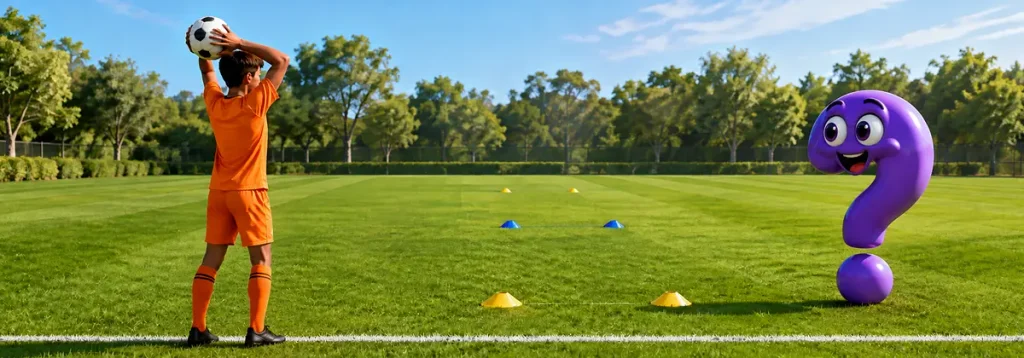 Jugendlicher übt einen korrekten Einwurf beim Fußball auf markierte Zielzonen, während das lila Fragezeichen zusieht