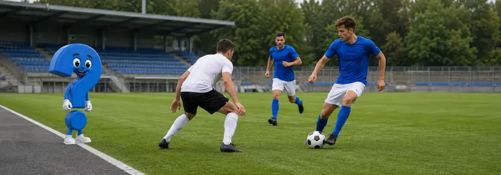 Blaues Question-King-Fragezeichen beobachtet einen Flügelspieler im Eins-gegen-eins an der Seitenlinie